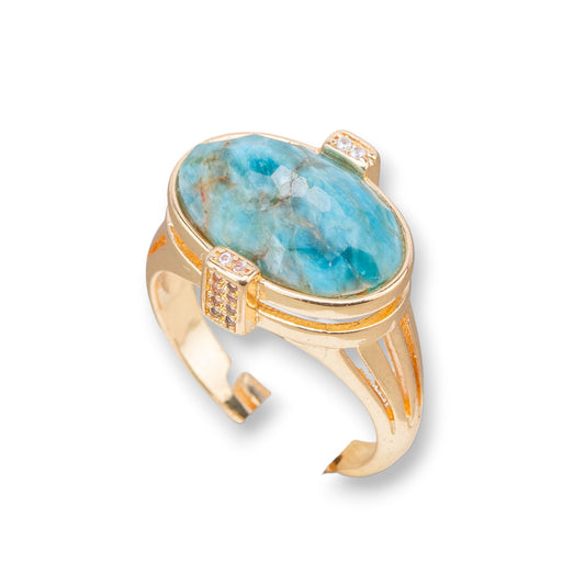 Anello Di Bronzo Con Pietre Dure E Zirconi Incastonati Ovale 18x18mm Misura Regolabile Dorato Apatite