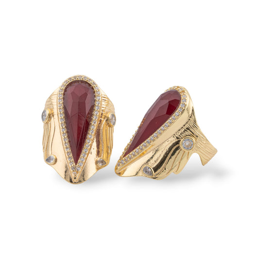 Anello Di Bronzo Con Pietre Naturali E Zirconi 23x36mm Misura Regolabile Dorato Giada Ruby