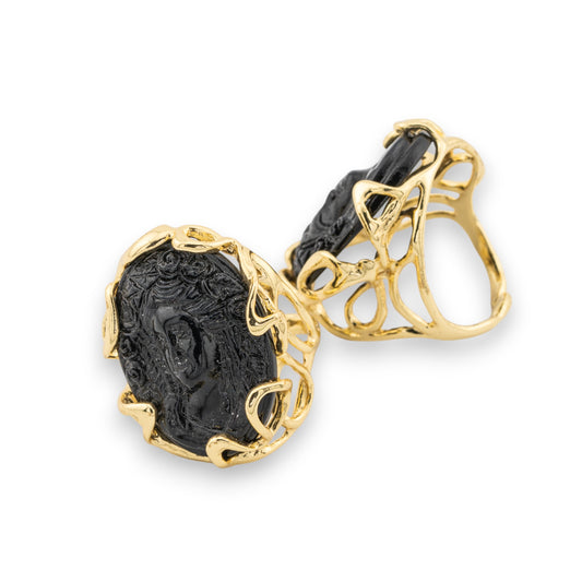 Adjustable Ring in Gilded Bronze with Black Cameo - AURORA Collection-1
