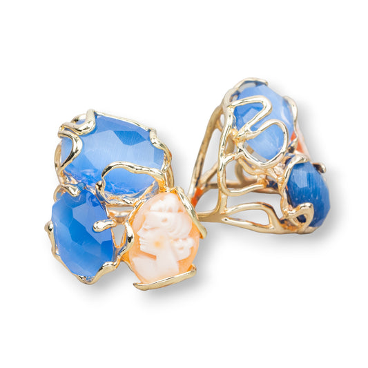 AURORA Ring in Gilded Bronze with Cat's Eye and Blue Cameo - A Unique Jewel