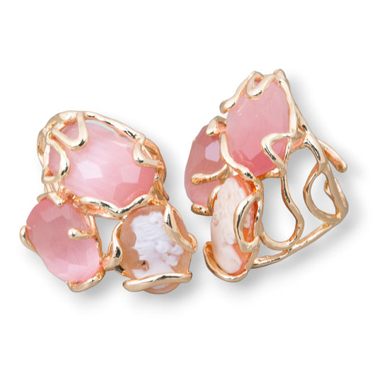 AURORA Ring in Gilded Bronze with Cat's Eye and Pink Cameo | Unique Artisan Elegance