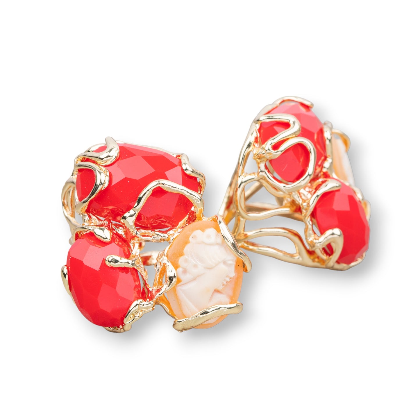 AURORA Ring in Gilded Bronze with Cat's Eye and Natural Red Cameo - Artisan Elegance