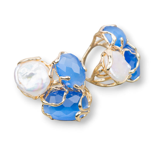 AURORA Ring in Gilded Bronze with Cat's Eye and Sky Blue Pearls - Unique Artisan Elegance