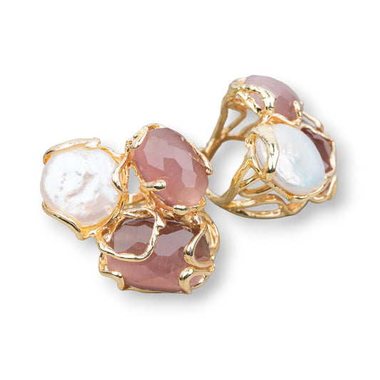 AURORA Ring in Gilded Bronze with Cat's Eye and River Pearls - Artisan Elegance