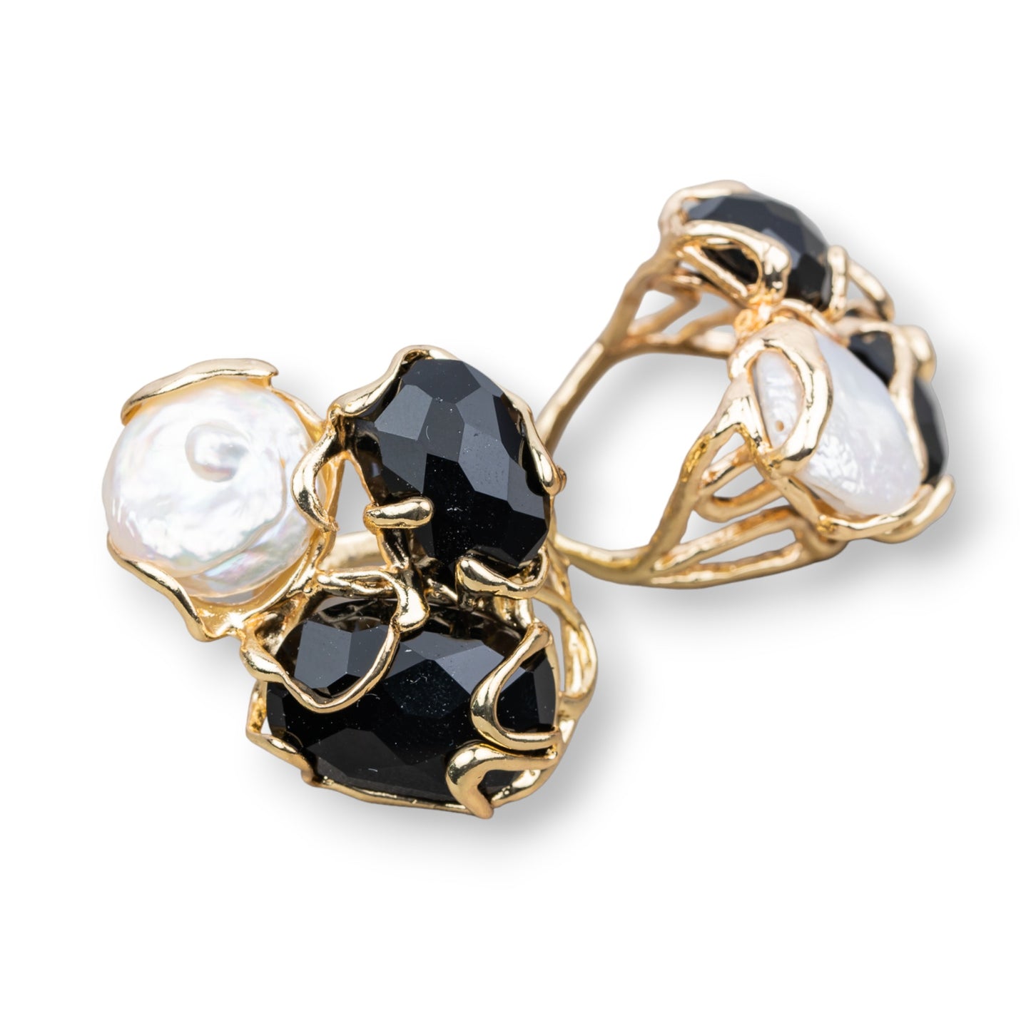 AURORA Ring in Gilded Bronze with Cat's Eye and Black River Pearls - Artisan Elegance for Unique Women