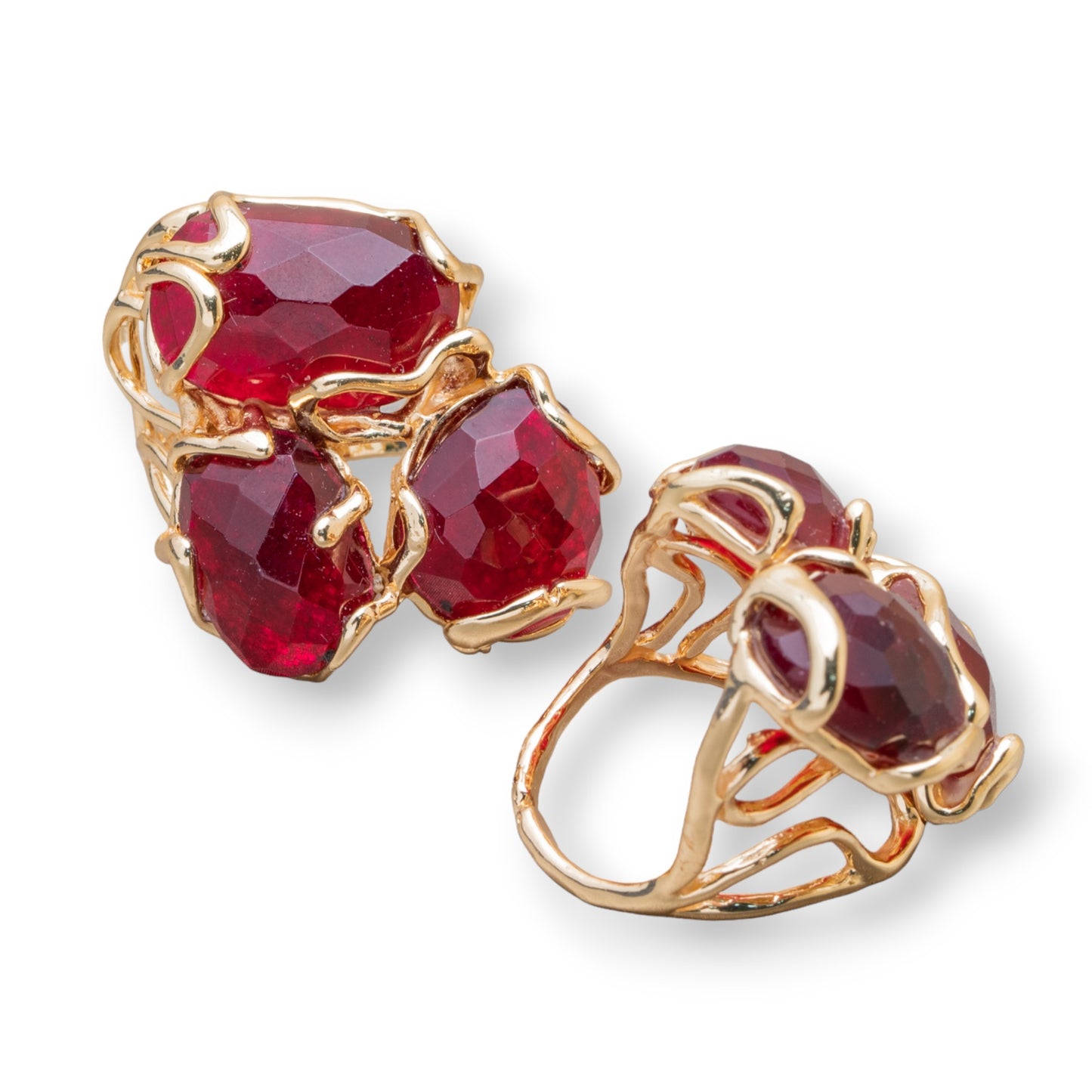 Anello Regolabile in Bronzo Dorato con Occhio Di Gatto Rosso Rubino - Collezione AURORA