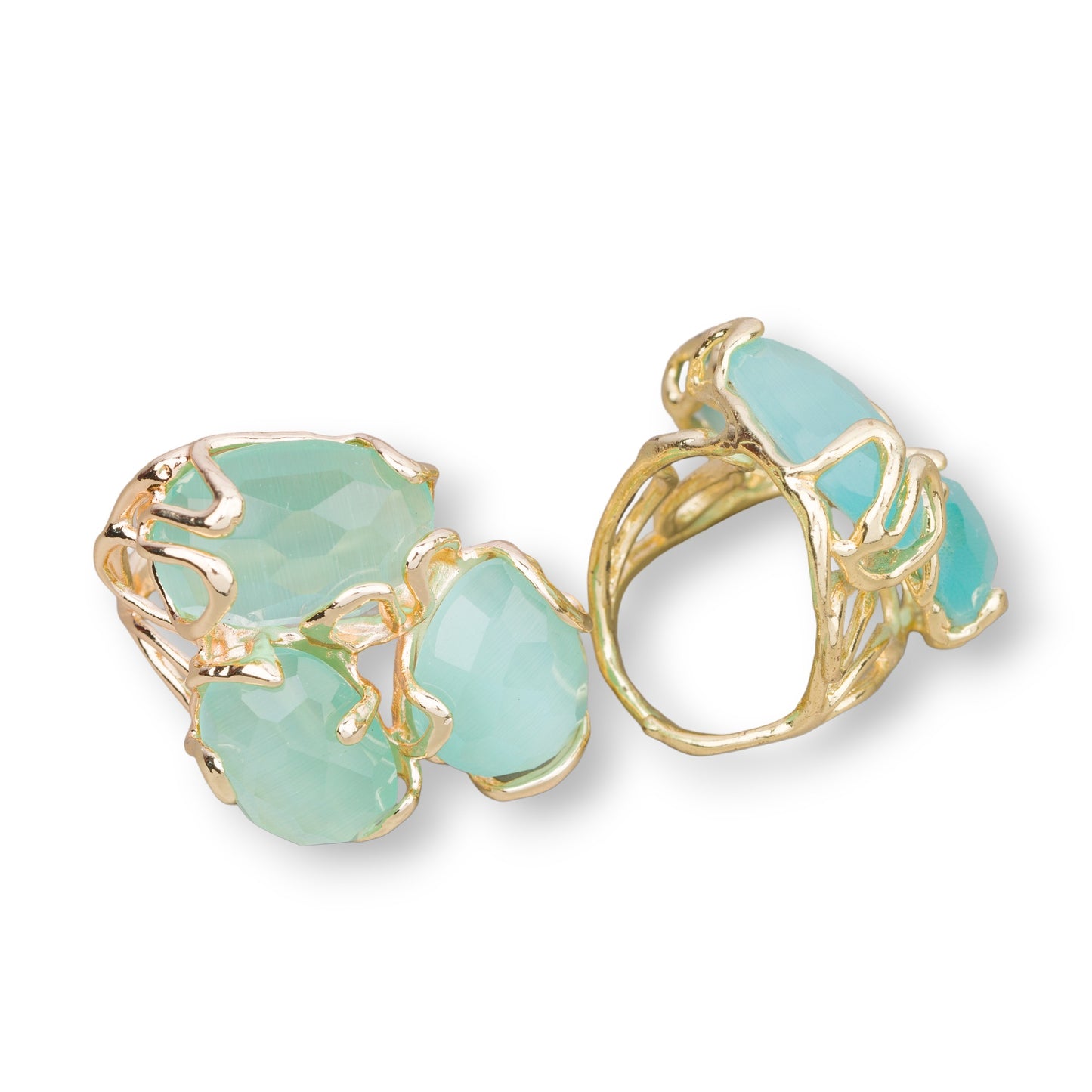 AURORA Ring in Gilded Bronze with Aqua Green Cat's Eye - Unique Artisan Elegance