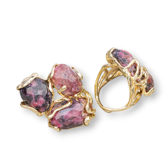 AURORA Ring in Gilded Bronze with Rhodonite Stones – Artisan Elegance for Unique Women