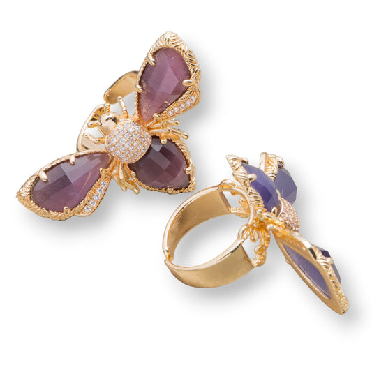 Adjustable Ring in Gilded Bronze - NATURE Collection with Gorgeous Purple Cat's Eye