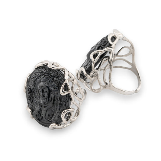 Adjustable Ring in Rhodium-Plated Bronze - AURORA-1 Collection with Black Cameo | Artisan Elegance for You