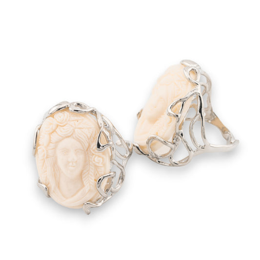 Adjustable Ring in Rhodium-Plated Bronze with Cream Cameo - AURORA Collection-1