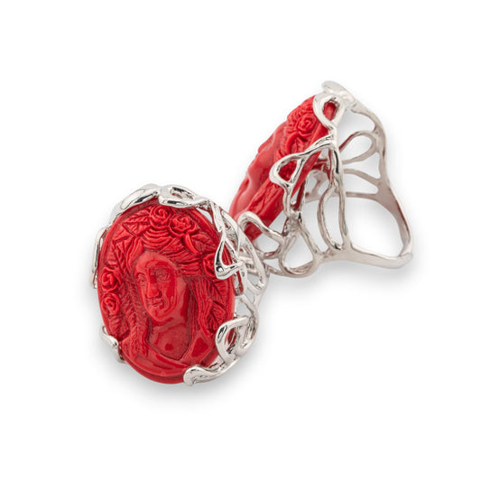 Adjustable Ring Elegance AURORA-1 with Red Cameo in Rhodium-Plated Bronze