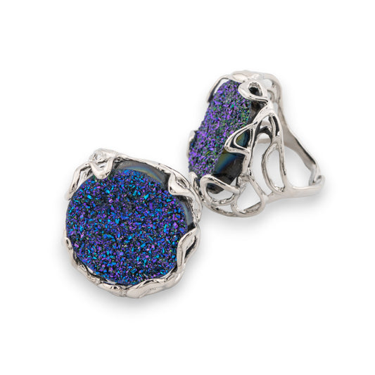 Adjustable Ring in Rhodium-Plated Bronze - AURORA-1 Collection with Blue Druzi AB Resin | Artisan Elegance for Women