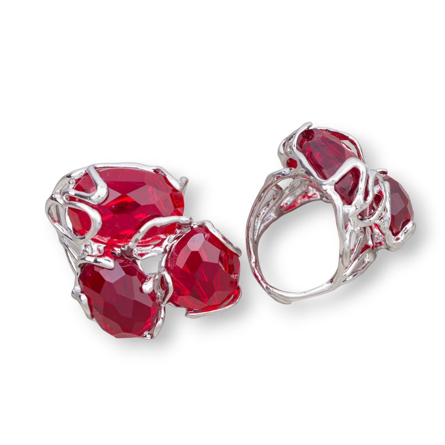 AURORA Ring in Rhodium-Plated Bronze with Ruby Red Cat's Eye - Unique Artisan Elegance