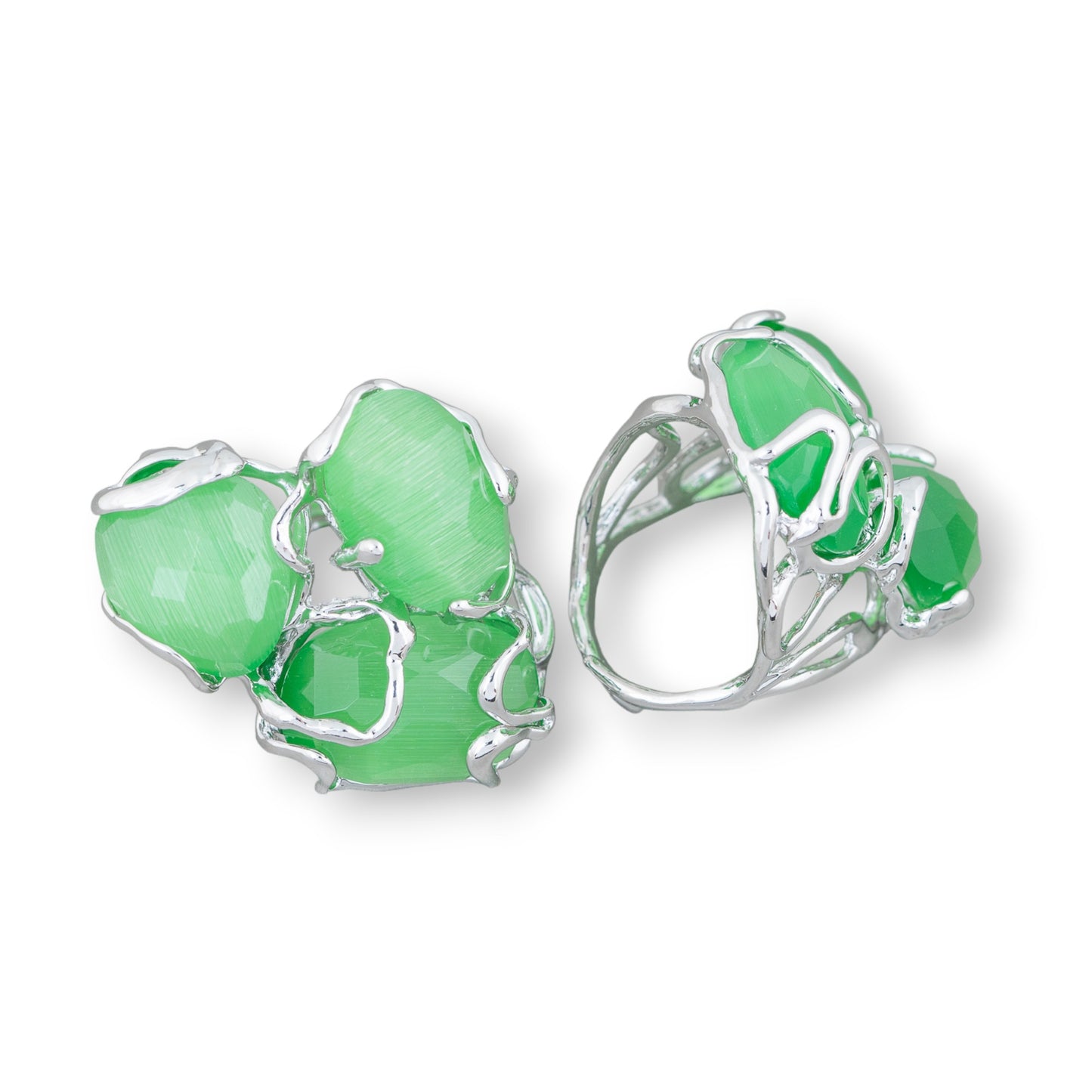 AURORA Ring in Rhodium-Plated Bronze with Light Green Cat's Eye - Artisan Elegance for Every Occasion