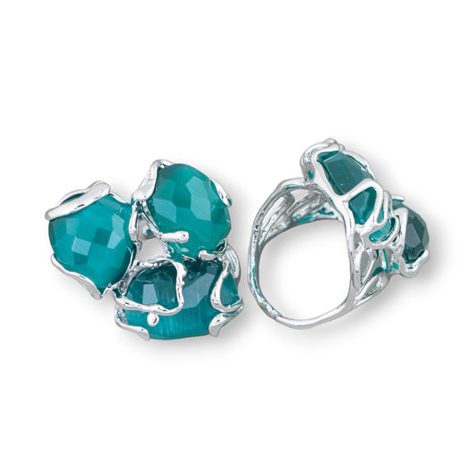 AURORA Ring in Rhodium-Plated Bronze with Emerald Green Cat's Eye - Handcrafted Elegance to Wear