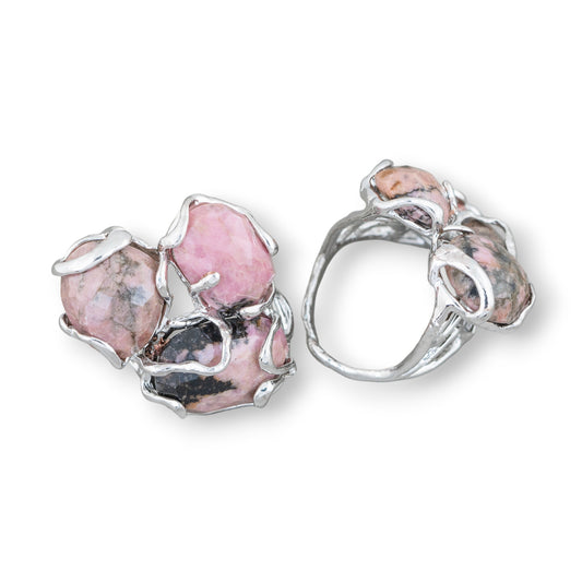 AURORA Ring in Rhodium-Plated Bronze with Rhodonite Hard Stones - Customizable Elegance