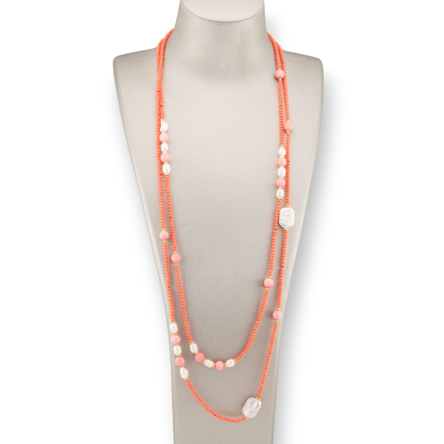 Bijoux Charlestone Necklace Of CZ Crystals With Hard Stones And River Pearls With Hematite 160cm Orange