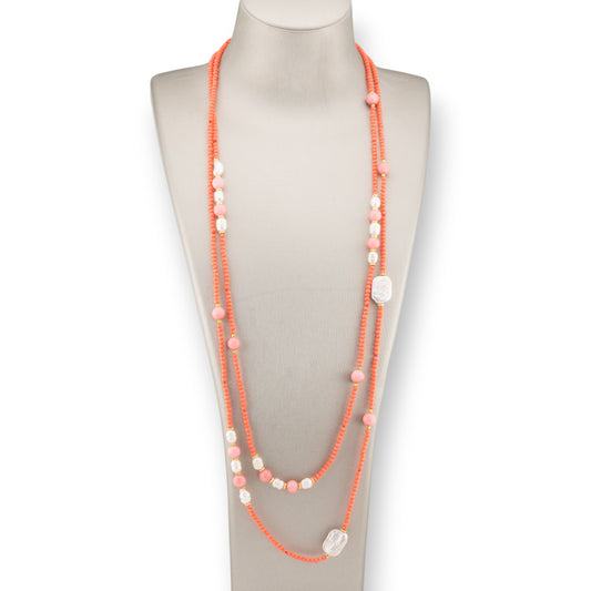 Collana Bijoux Charlestone Di Cristalli CZ Con Pietre Dure E Perle Di Fiume Con Ematite 160cm Arancio