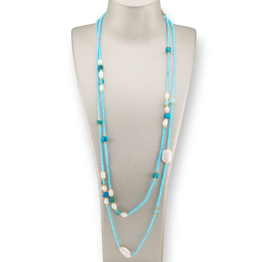 Collana Bijoux Charlestone Di Cristalli CZ Con Pietre Dure E Perle Di Fiume Con Ematite 160cm Azzurro