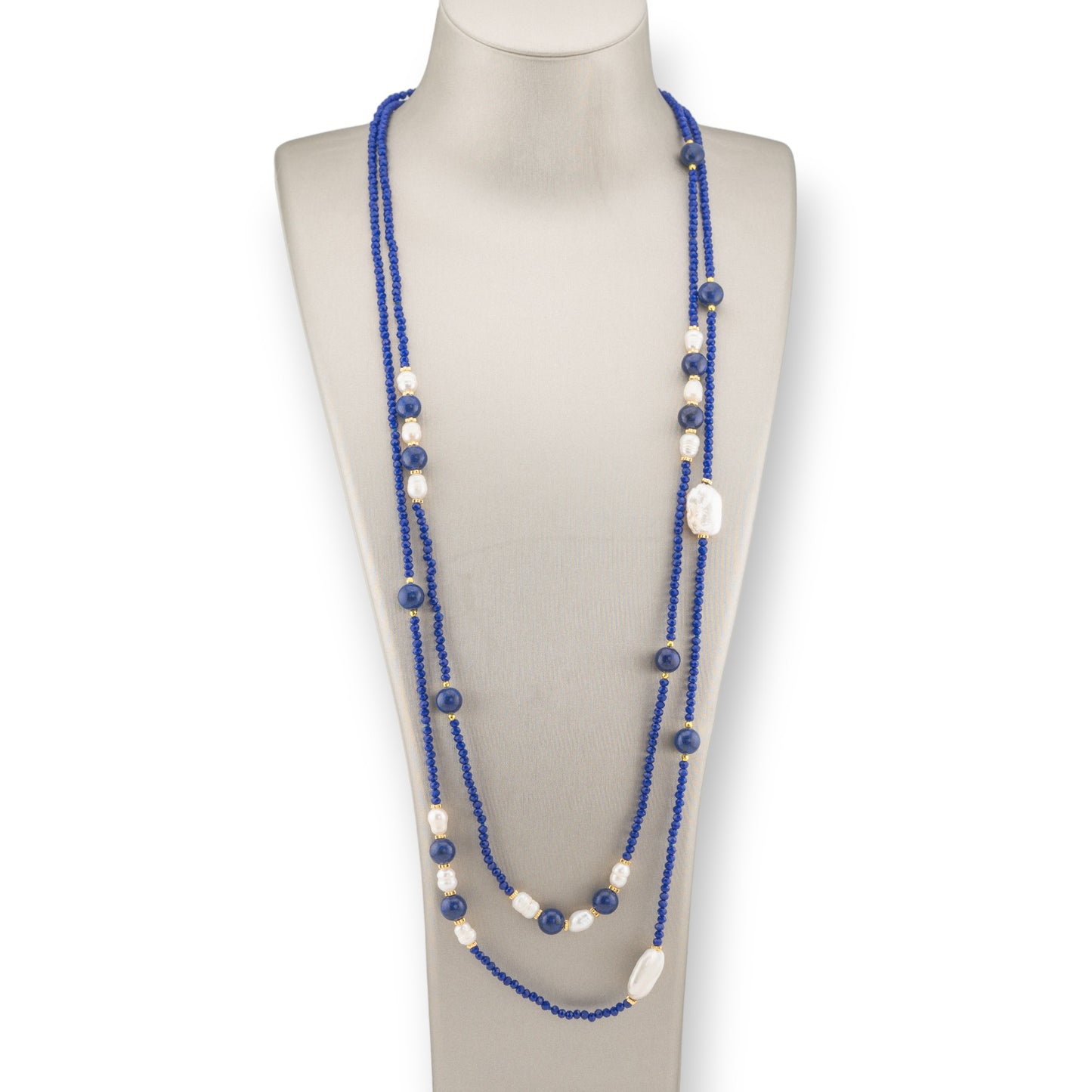 Charlestone Bijoux Necklace Of CZ Crystals With Hard Stones And River Pearls With Hematite 160cm Blue