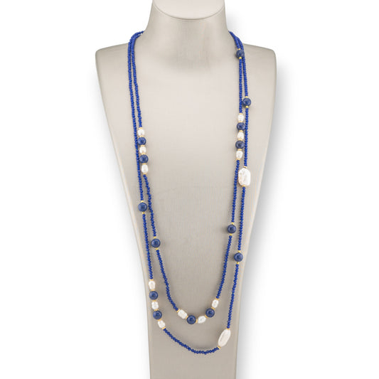 Collana Bijoux Charlestone Di Cristalli CZ Con Pietre Dure E Perle Di Fiume Con Ematite 160cm Blu