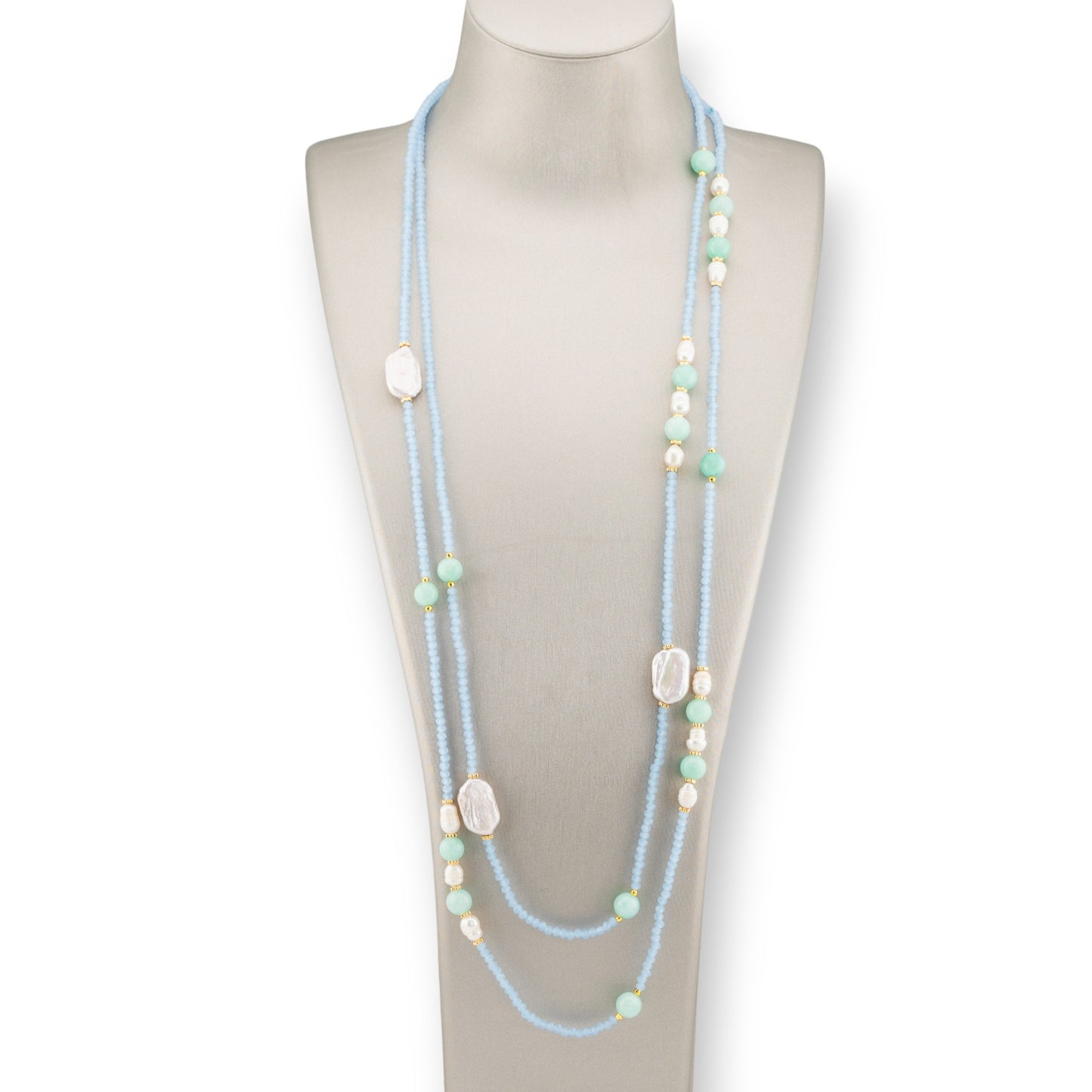 Charlestone Bijoux Necklace Of CZ Crystals With Hard Stones And River Pearls With Hematite 160cm Light Blue