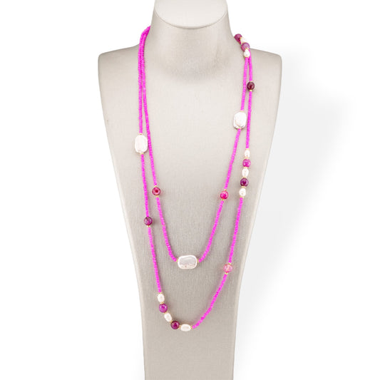 Collana Bijoux Charlestone Di Cristalli CZ Con Pietre Dure E Perle Di Fiume Con Ematite 160cm Fucsia