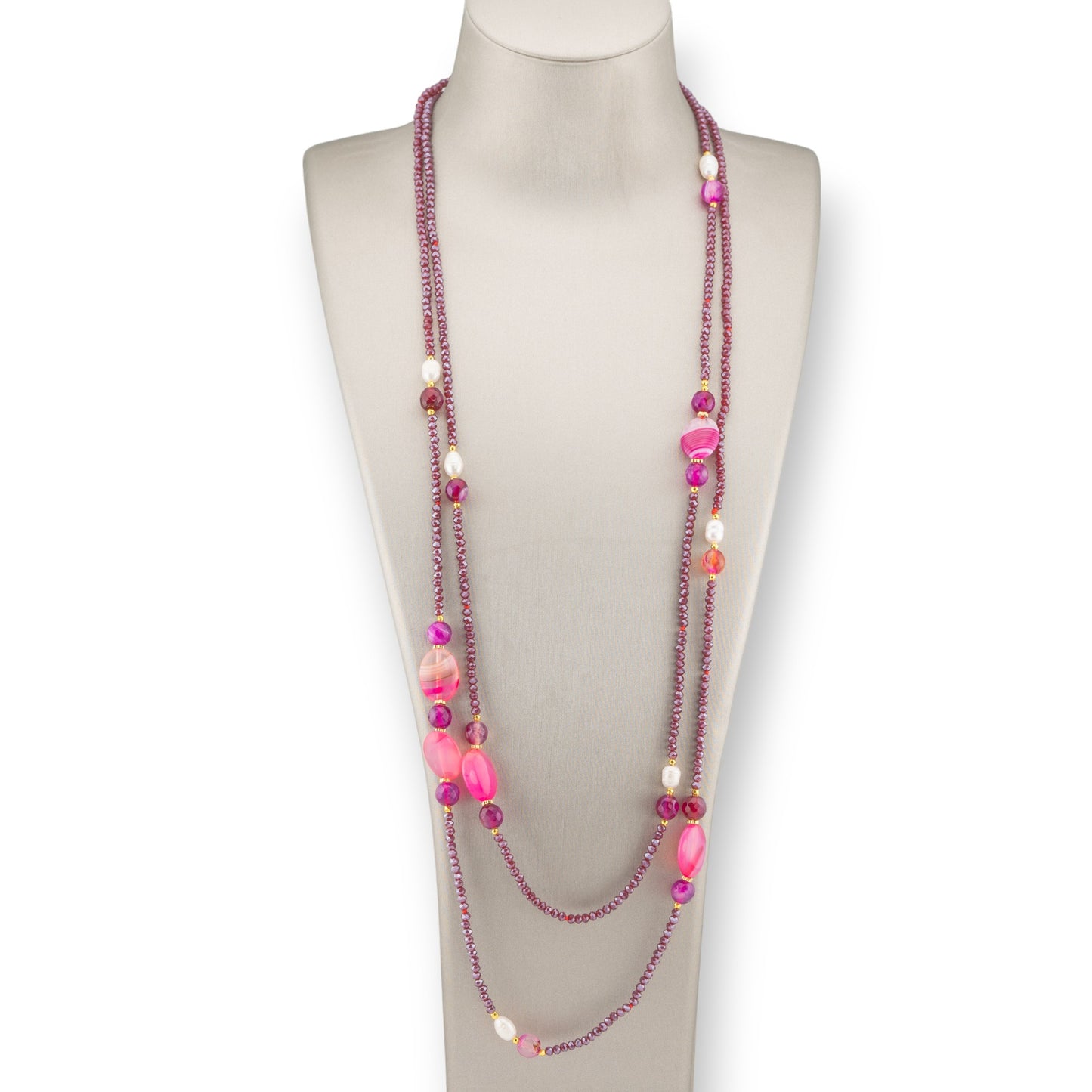 Collana Bijoux Charlestone Di Cristalli CZ Con Pietre Dure E Perle Di Fiume Con Ematite 160cm MOD42 Agata Fucsia Striata