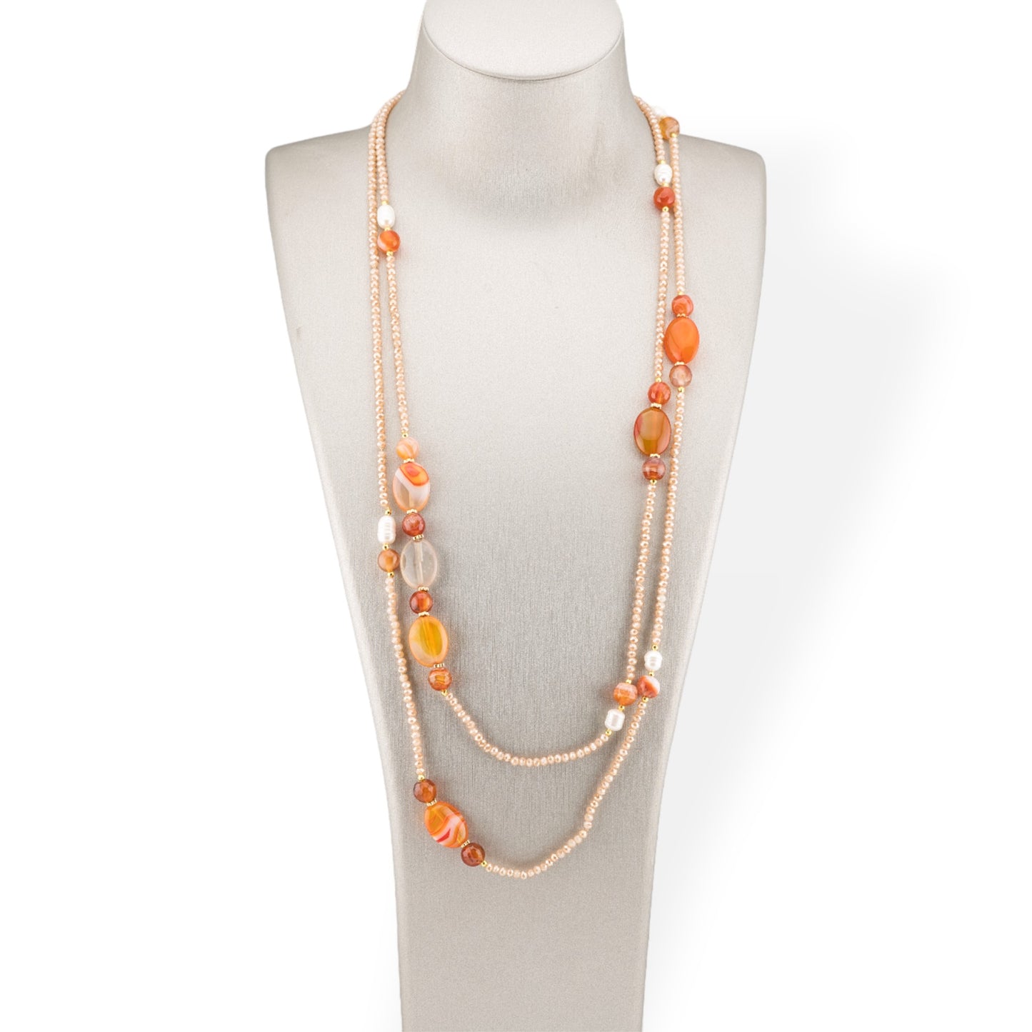 Charlestone Bijoux Necklace Of CZ Crystals With Hard Stones And River Pearls With Hematite 160cm MOD42 Orange