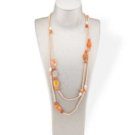 Collana Bijoux Charlestone Di Cristalli CZ Con Pietre Dure E Perle Di Fiume Con Ematite 160cm MOD42 Arancio