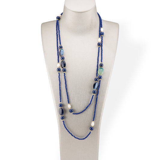 Collana Bijoux Charlestone Di Cristalli CZ Con Pietre Dure E Perle Di Fiume Con Ematite 160cm MOD42 Blu