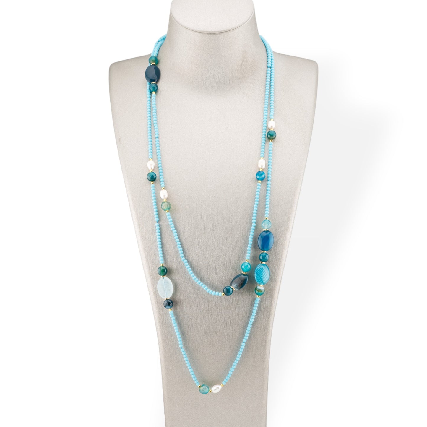 Collana Bijoux Charlestone Di Cristalli CZ Con Pietre Dure E Perle Di Fiume Con Ematite 160cm MOD42 Celeste