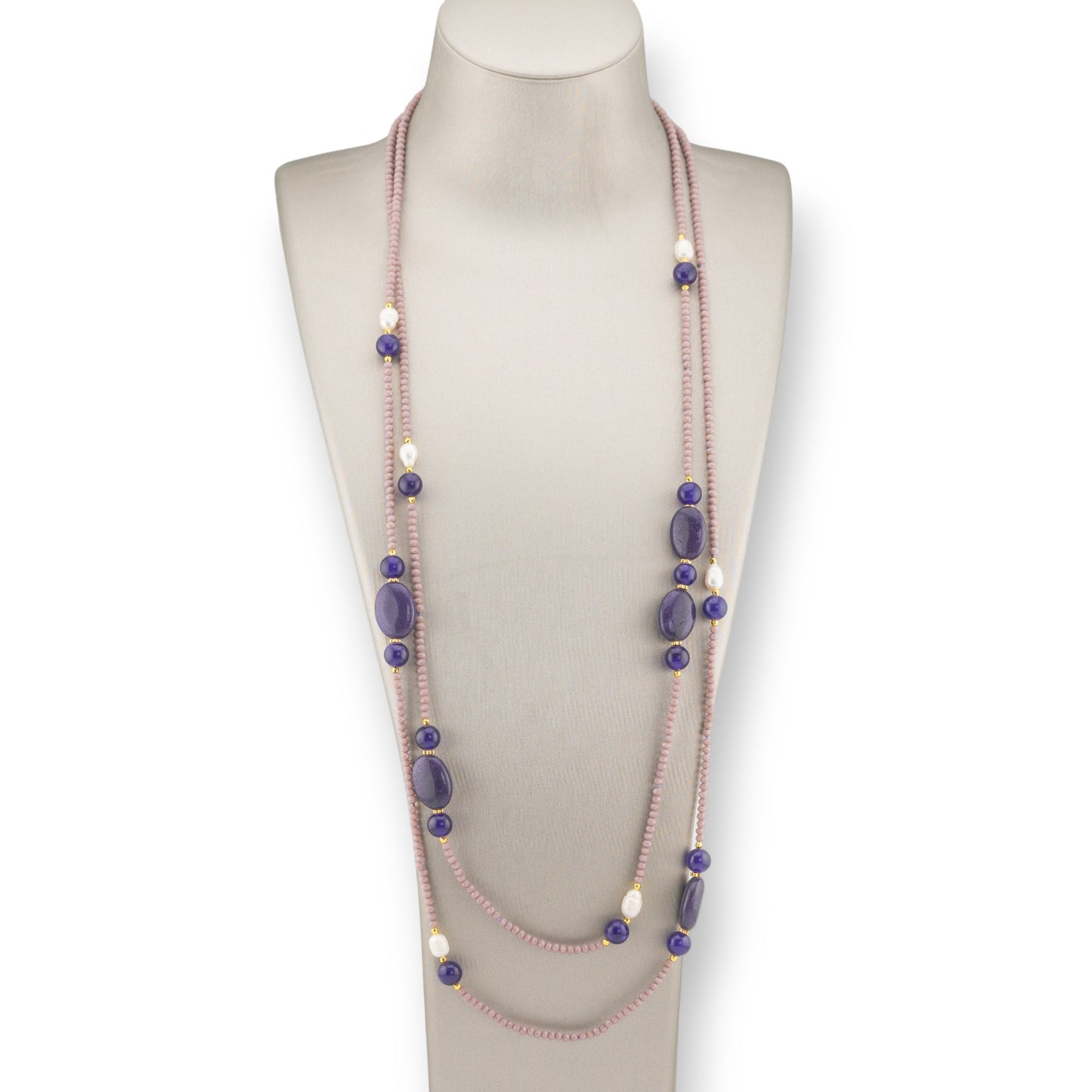 Collana Bijoux Charlestone Di Cristalli CZ Con Pietre Dure E Perle Di Fiume Con Ematite 160cm MOD42 Lilla Giada Viola