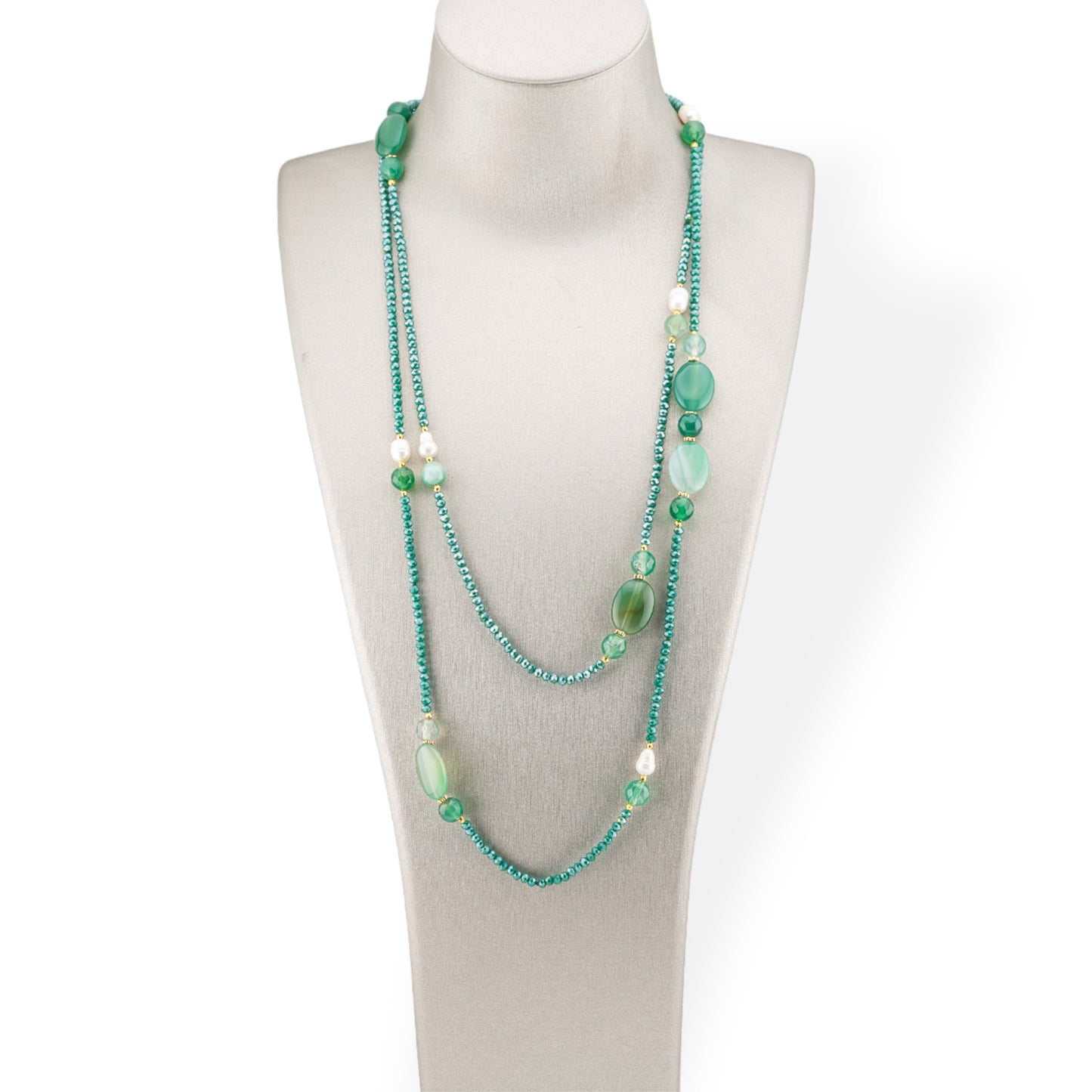 Bijoux Charlestone Necklace Of CZ Crystals With Hard Stones And River Pearls With Hematite 160cm MOD42 Light Green