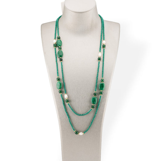 Collana Bijoux Charlestone Di Cristalli CZ Con Pietre Dure E Perle Di Fiume Con Ematite 160cm MOD42 Verde Smeraldo