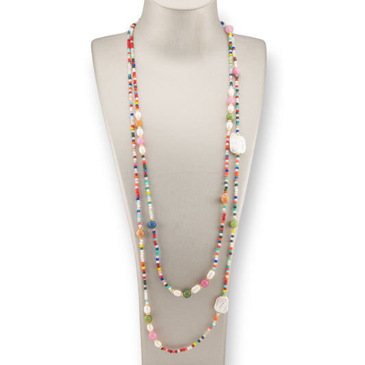 Collana Bijoux Charlestone Di Cristalli CZ Con Pietre Dure E Perle Di Fiume Con Ematite 160cm Multicolor