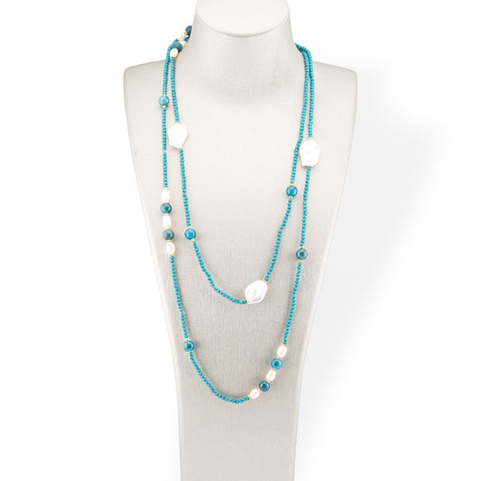 Charlestone Bijoux Necklace Of CZ Crystals With Hard Stones And River Pearls With Hematite 160cm Teal