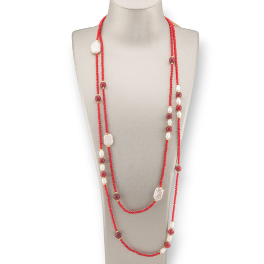 Charlestone Bijoux Necklace Of CZ Crystals With Hard Stones And River Pearls With Hematite 160cm Red