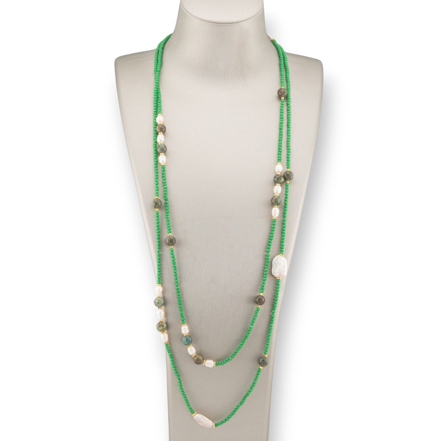 Charlestone Bijoux Necklace Of CZ Crystals With Hard Stones And River Pearls With Hematite 160cm Green Meadow