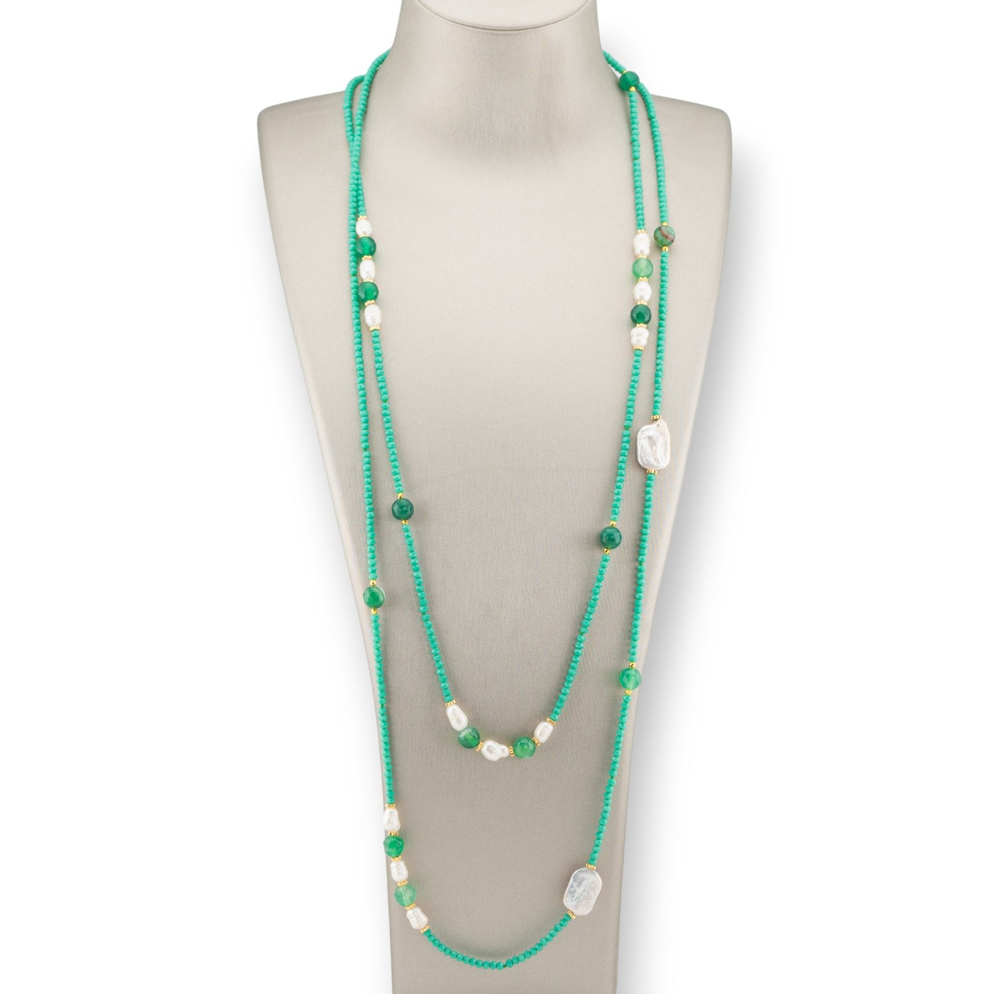 Bijoux Charlestone Necklace Of CZ Crystals With Hard Stones And River Pearls With Hematite 160cm Green