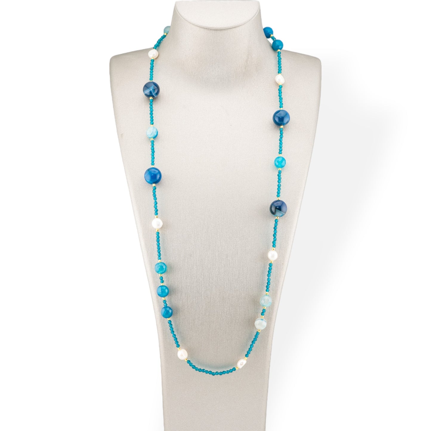 Charlestone Bijoux Necklace Of CZ Crystals With Hard Stones And River Pearls With Hematite 90cm Blue Agate