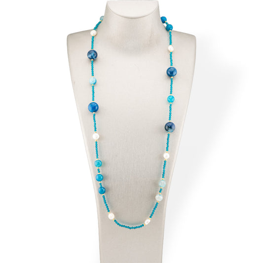 Charlestone Bijoux Necklace Of CZ Crystals With Hard Stones And River Pearls With Hematite 90cm Blue Agate