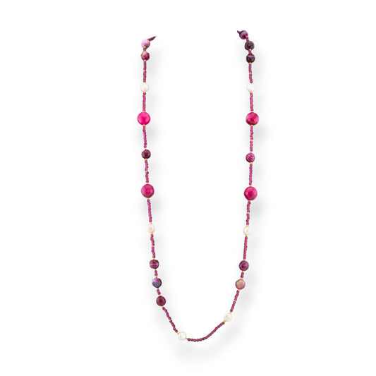 Charlestone Bijoux Necklace Of CZ Crystals With Hard Stones And River Pearls With Hematite 90cm Fuchsia