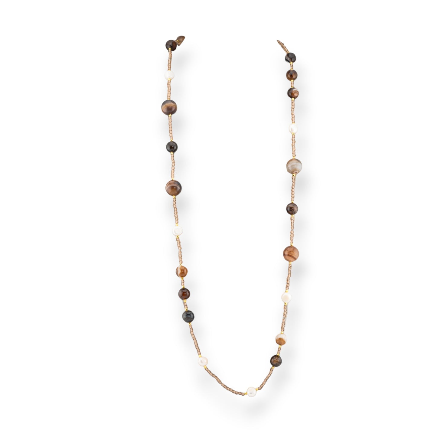 Bijoux Charlestone Necklace Of CZ Crystals With Hard Stones And River Pearls With Hematite 90cm Brown