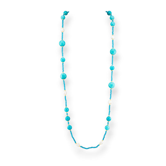 Charlestone Bijoux Necklace Of CZ Crystals With Hard Stones And River Pearls With Hematite 90cm Turquoise