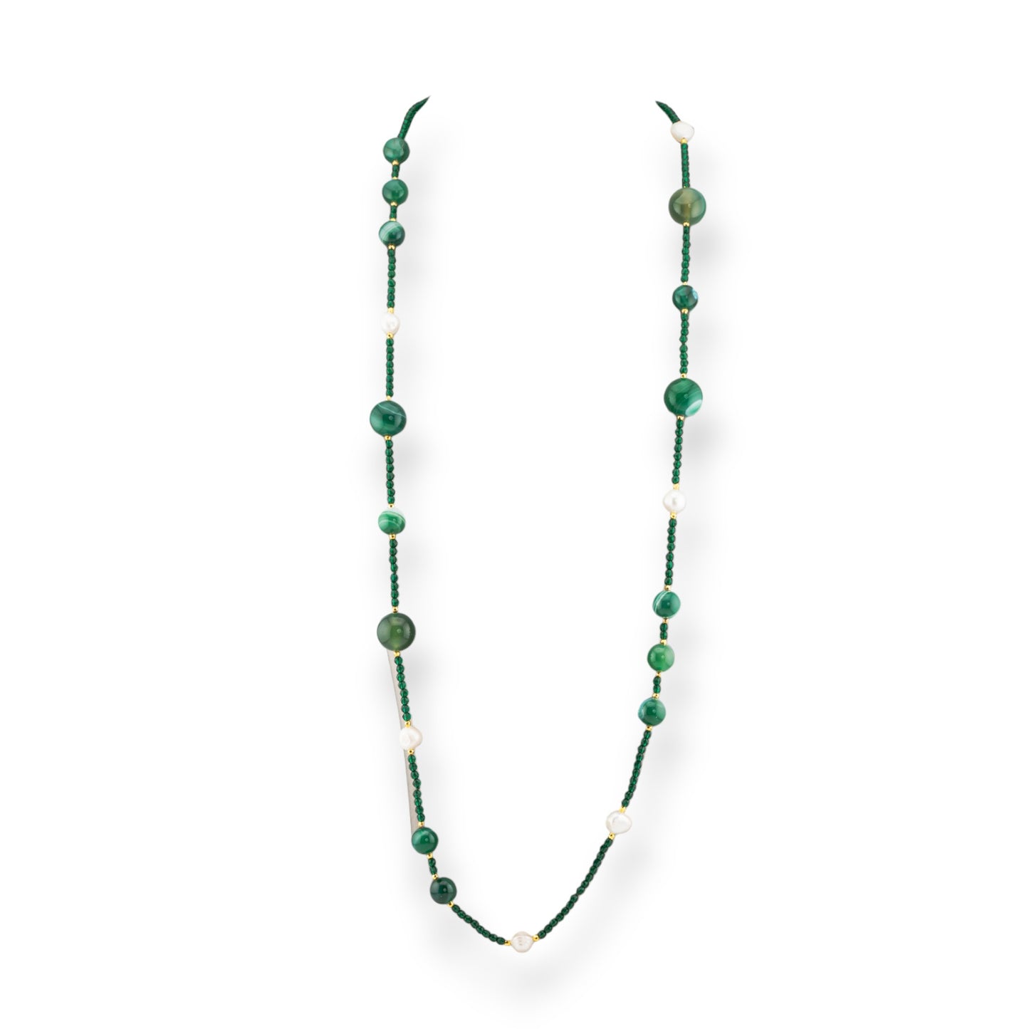 Charlestone Bijoux Necklace Of CZ Crystals With Hard Stones And River Pearls With Hematite 90cm Emerald Green