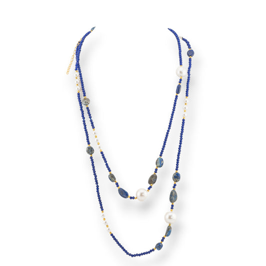 Bijoux Charlestone Necklace Of CZ Crystals With Hard Stones And Majorca Pearls With Hematite 120cm Blue