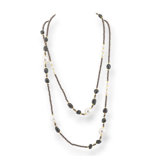 Charlestone Bijoux Necklace Of CZ Crystals With Hard Stones And Majorca Pearls With Hematite 120cm Black