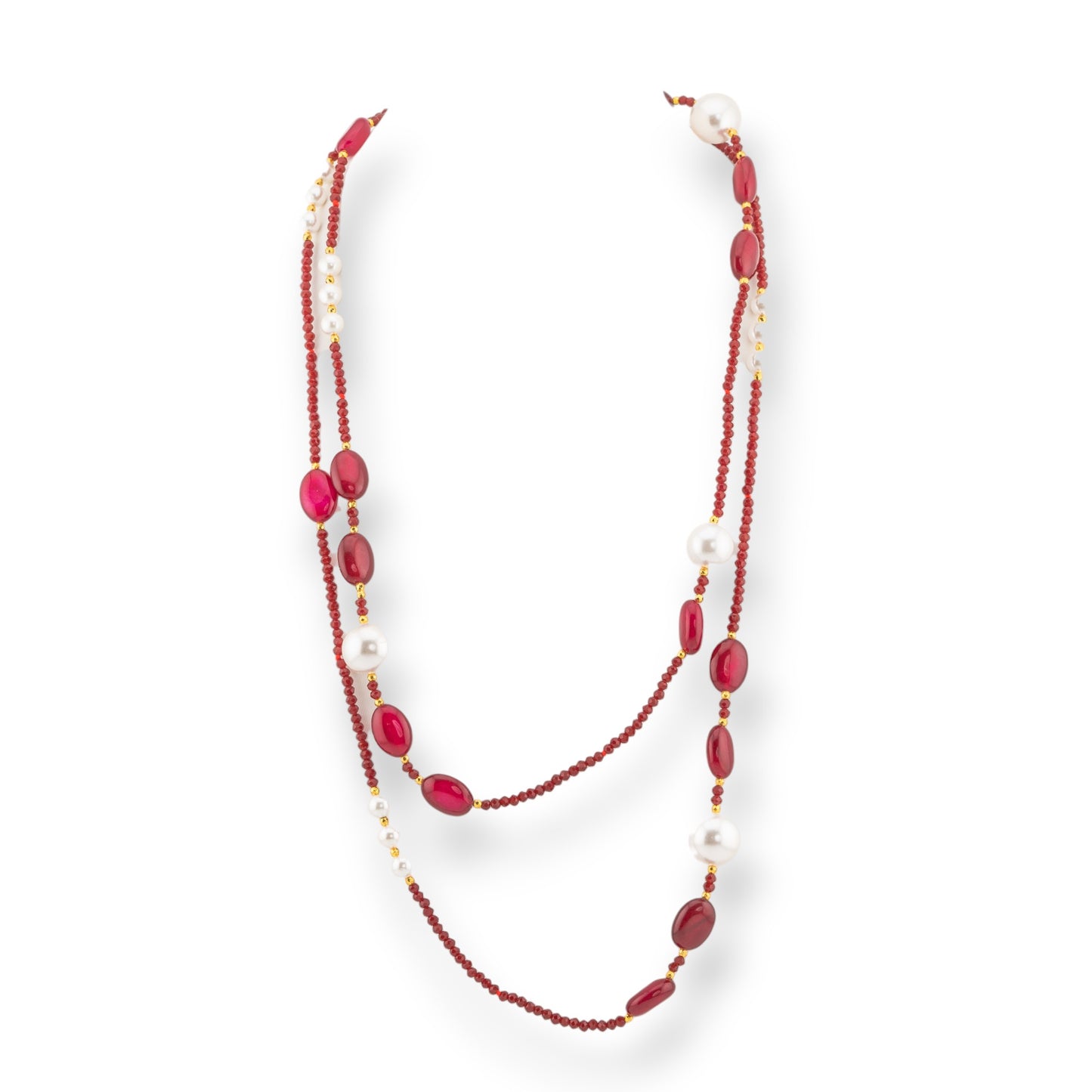 Charlestone Bijoux Necklace Of CZ Crystals With Hard Stones And Majorca Pearls With Hematite 120cm Red